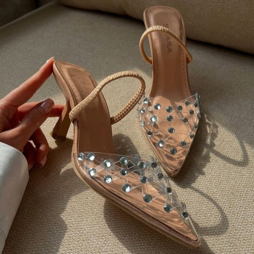 ZARA Rhinestone Slingback Heels NWT Clear Vinyl Pointed Toe Bridal Shoes Size 8 - Picture 11 of 16